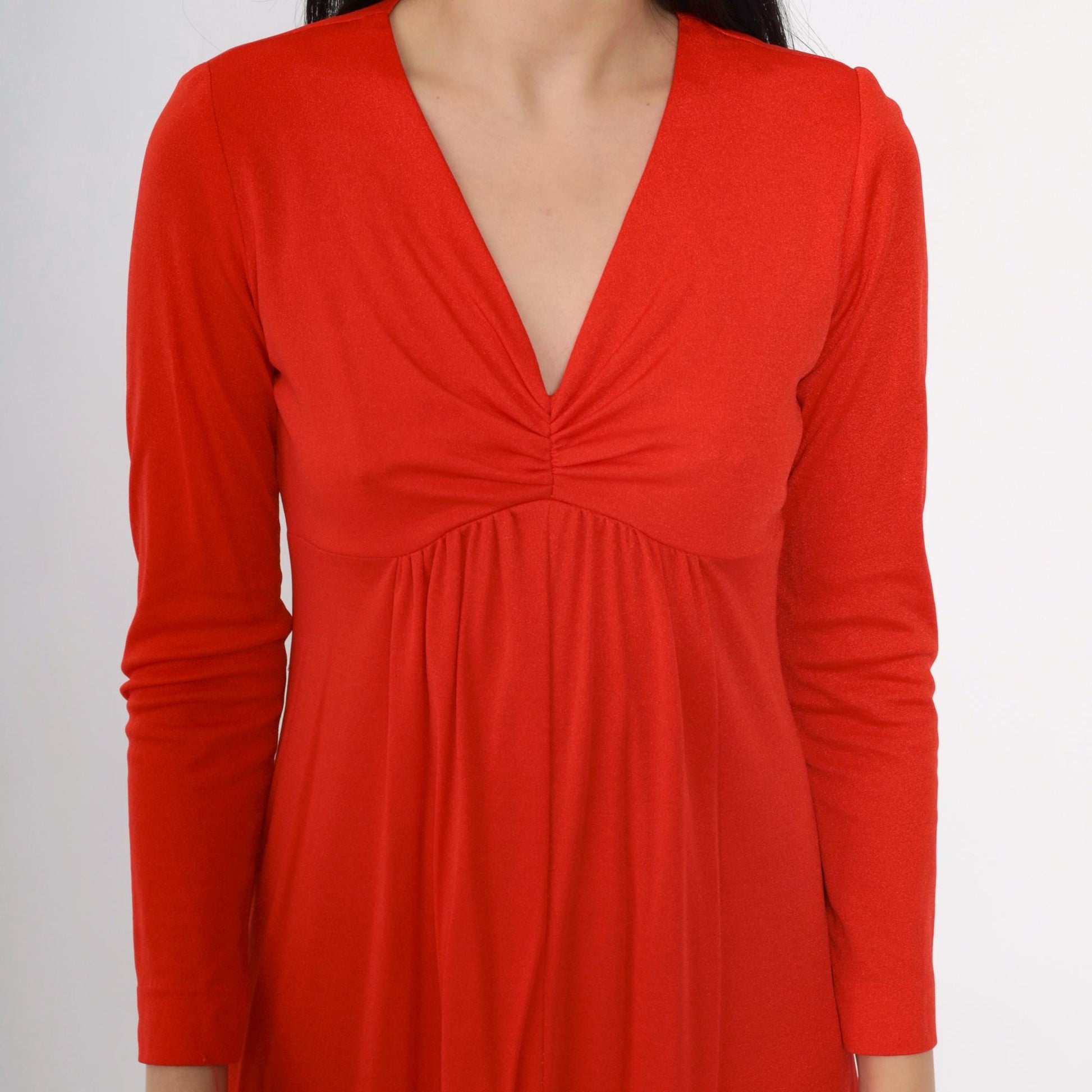 70s Red Maxi Dress Empire Waist V-Neck Long Sleeve Small S