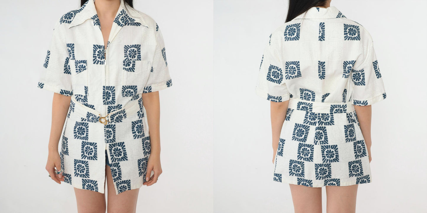 70s Iolani Hawaii Navy Sunburst Cotton Zip Shirt Geometric Print Large