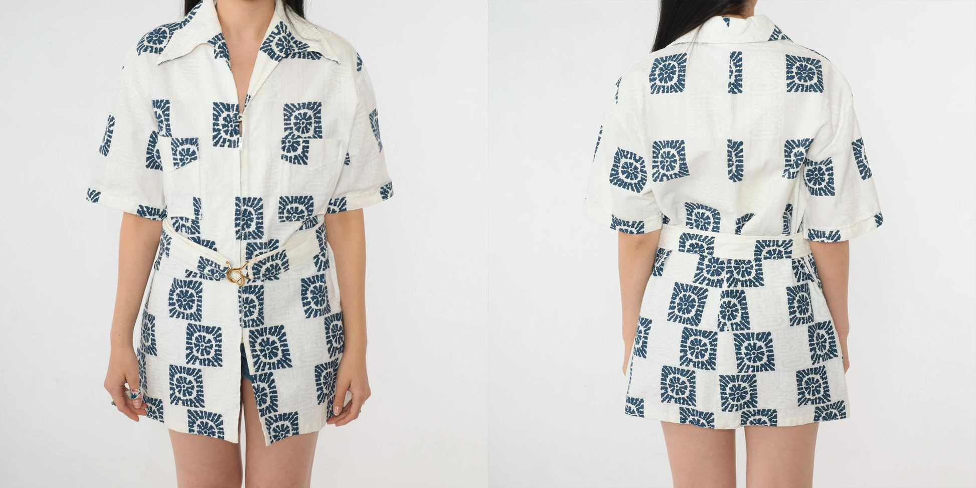70s Iolani Hawaii Navy Sunburst Cotton Zip Shirt Geometric Print Large
