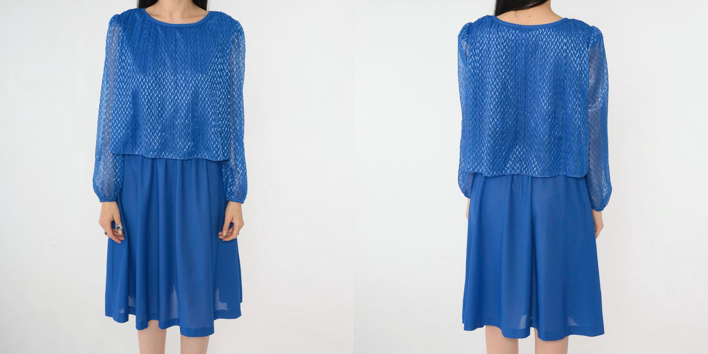 80s Royal Blue Midi Dress Puff Sleeve High Waist Pleated Bodice Small