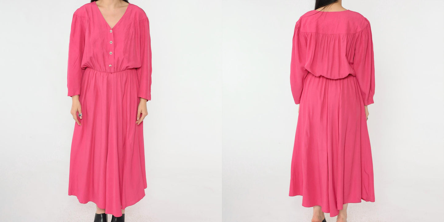 80s S.L. Fashions Hot Pink Button-Up Midi Dress V-Neck Long Sleeve Large
