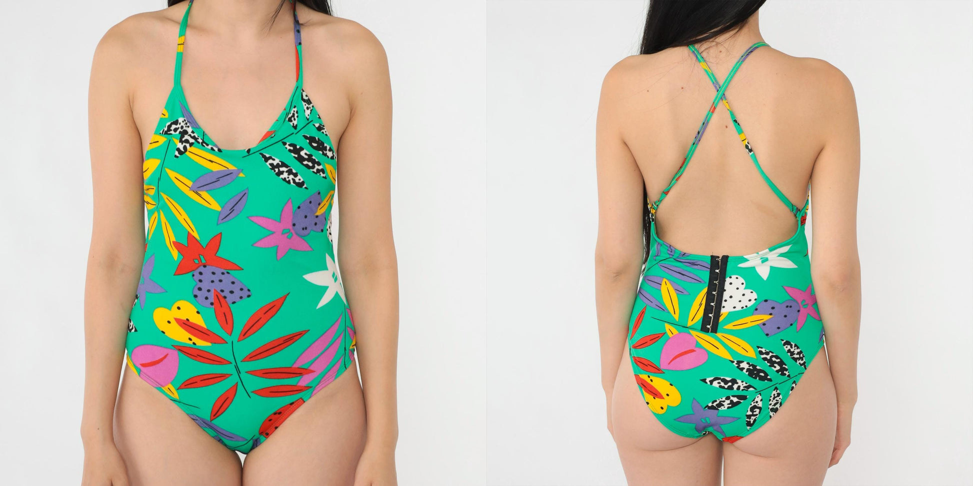 90s Gitano Sunkiss Tropical Floral One-Piece Swimsuit Green Nylon Extra Small