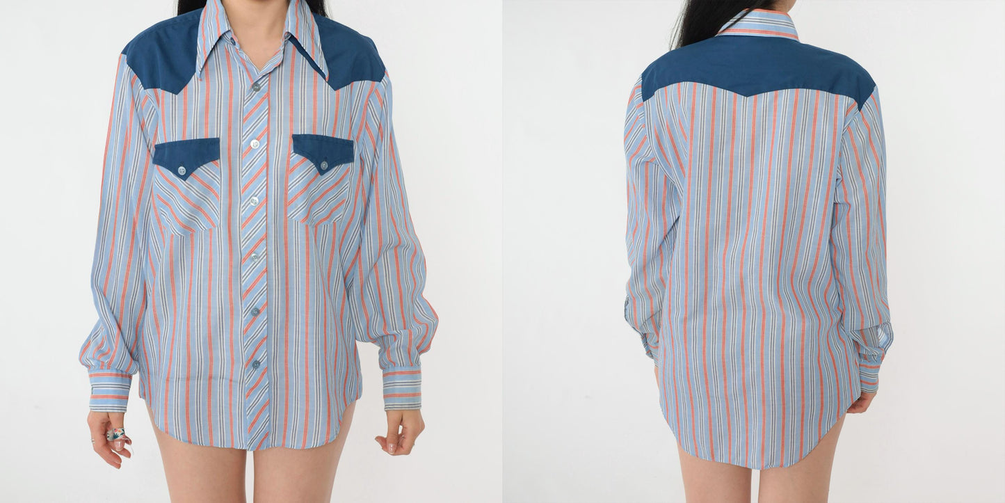 70s Western Shirt Blue Orange Striped Pearl Snap Dagger Collar Men's Medium