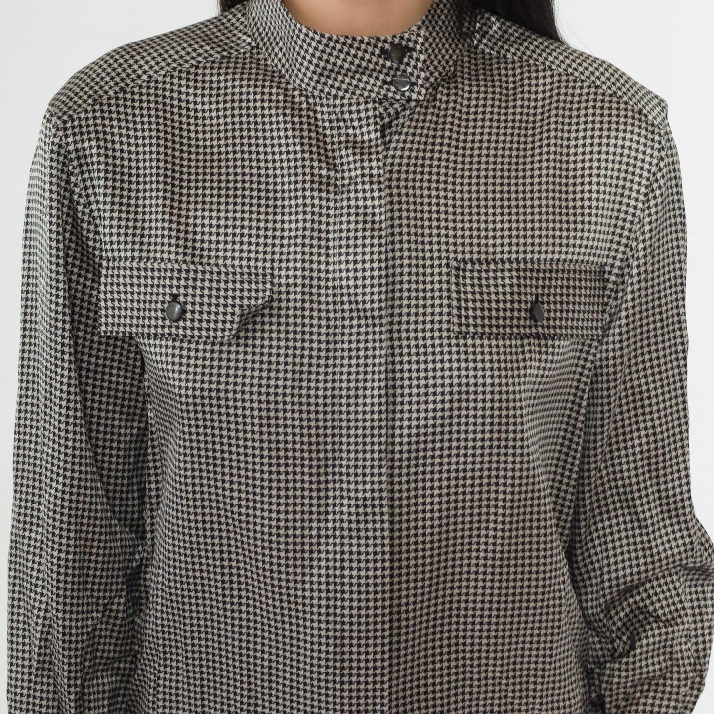 80s Celine Paris Silk Blouse Black White Houndstooth High Neck Small