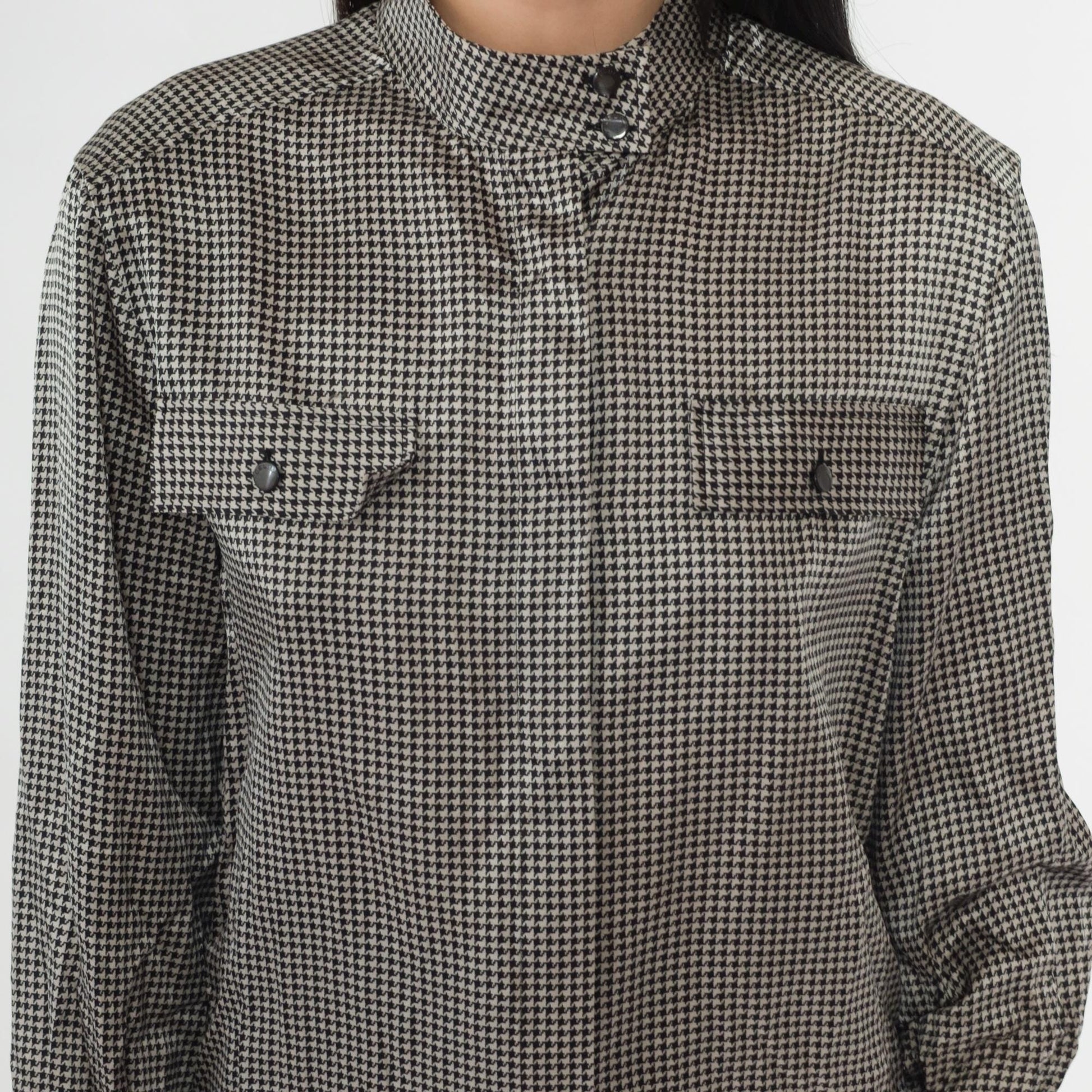 80s Celine Paris Silk Blouse Black White Houndstooth High Neck Small