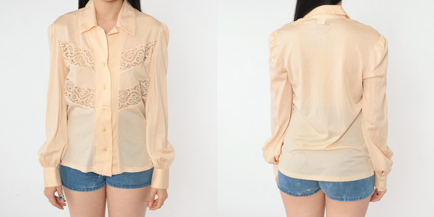 70s Peach Lace Blouse Puff Sleeve Button Up Sheer Cutwork Top Medium M