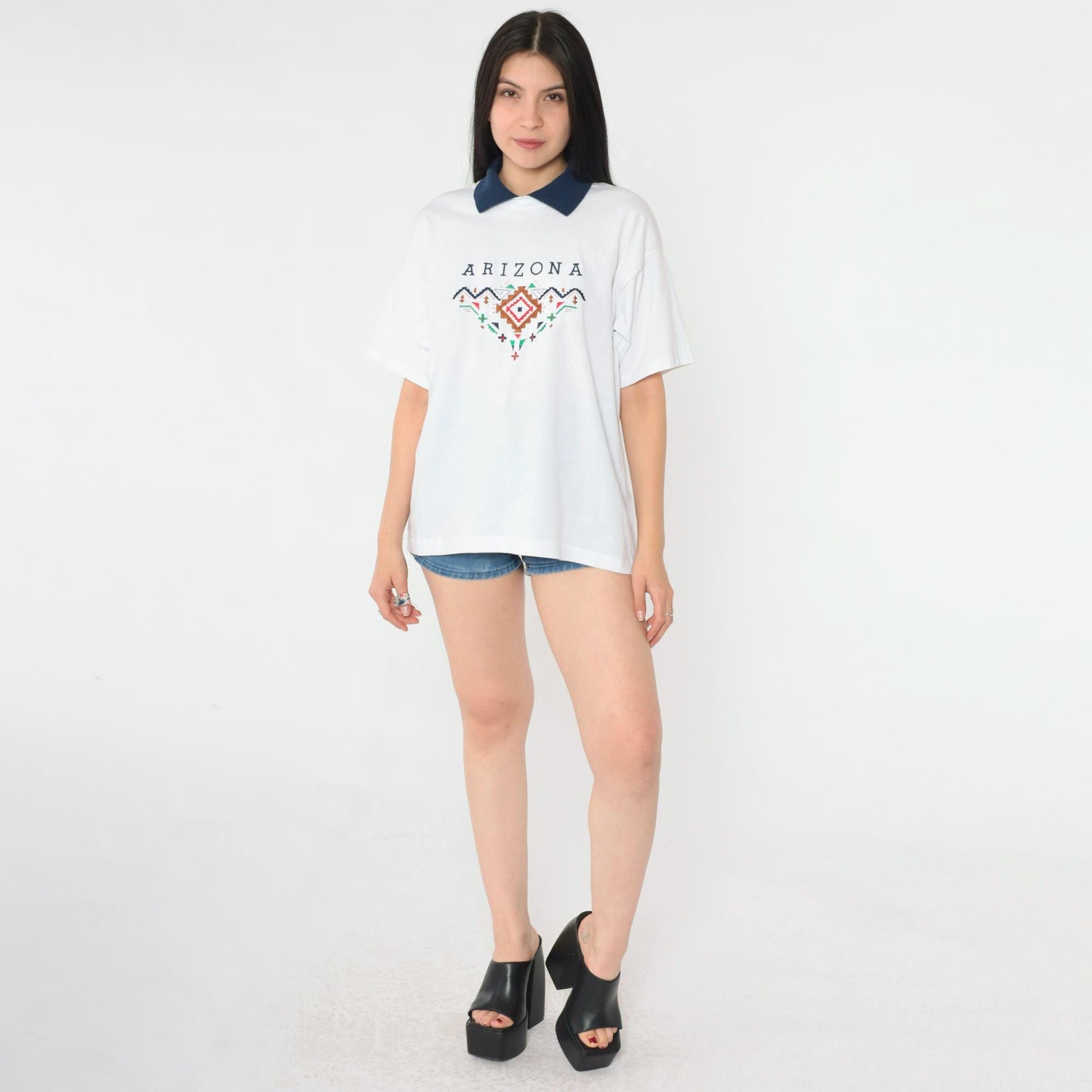 Y2K Arizona Embroidered Graphic T-Shirt White Collared Tee Large L