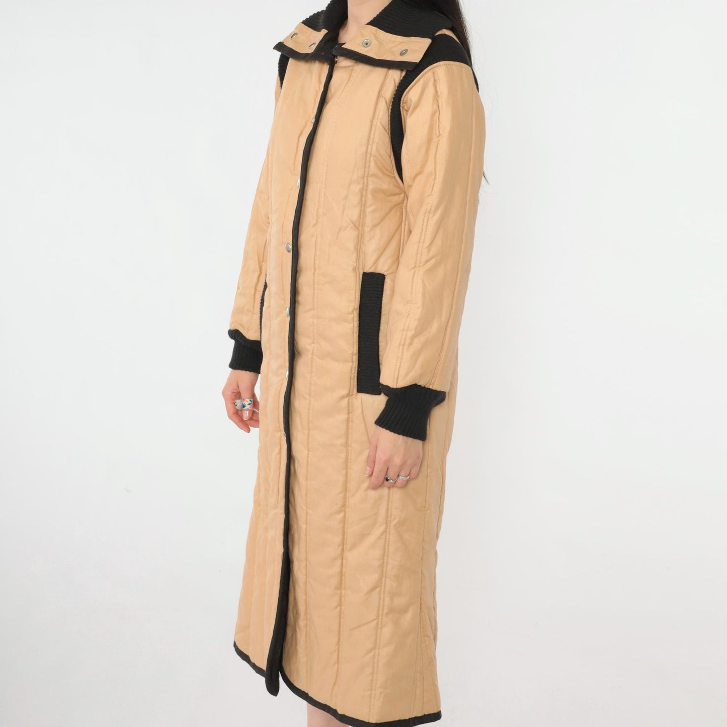 80s Furrrina Quilted Parka Tan Black Long Puffer Jacket Small
