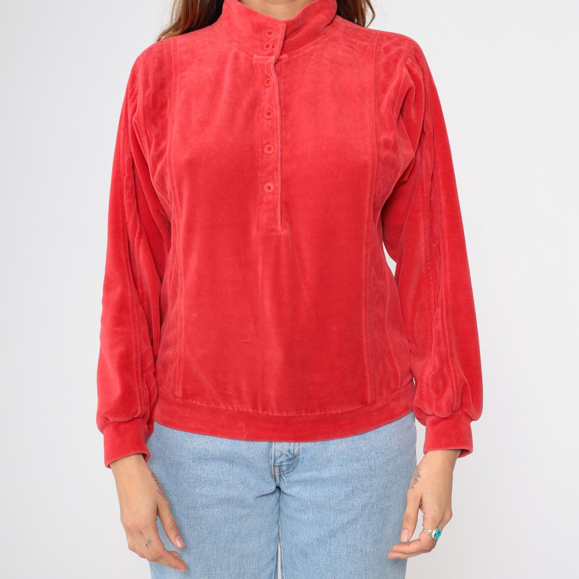 80s Red Velour Mock Neck Sweatshirt Button Front Pullover Medium M