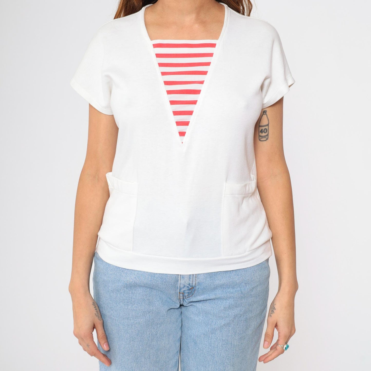 80s White Red Striped T-Shirt Nautical Pocket Tee Short Sleeve Small S