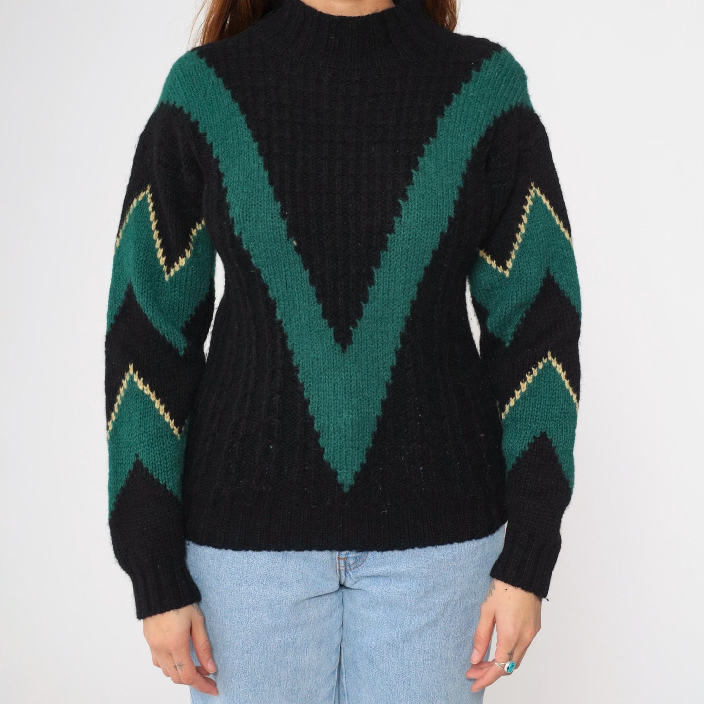 80s Skyr Sportswear Wool Sweater Chevron Zigzag Mock Neck Black Extra Small