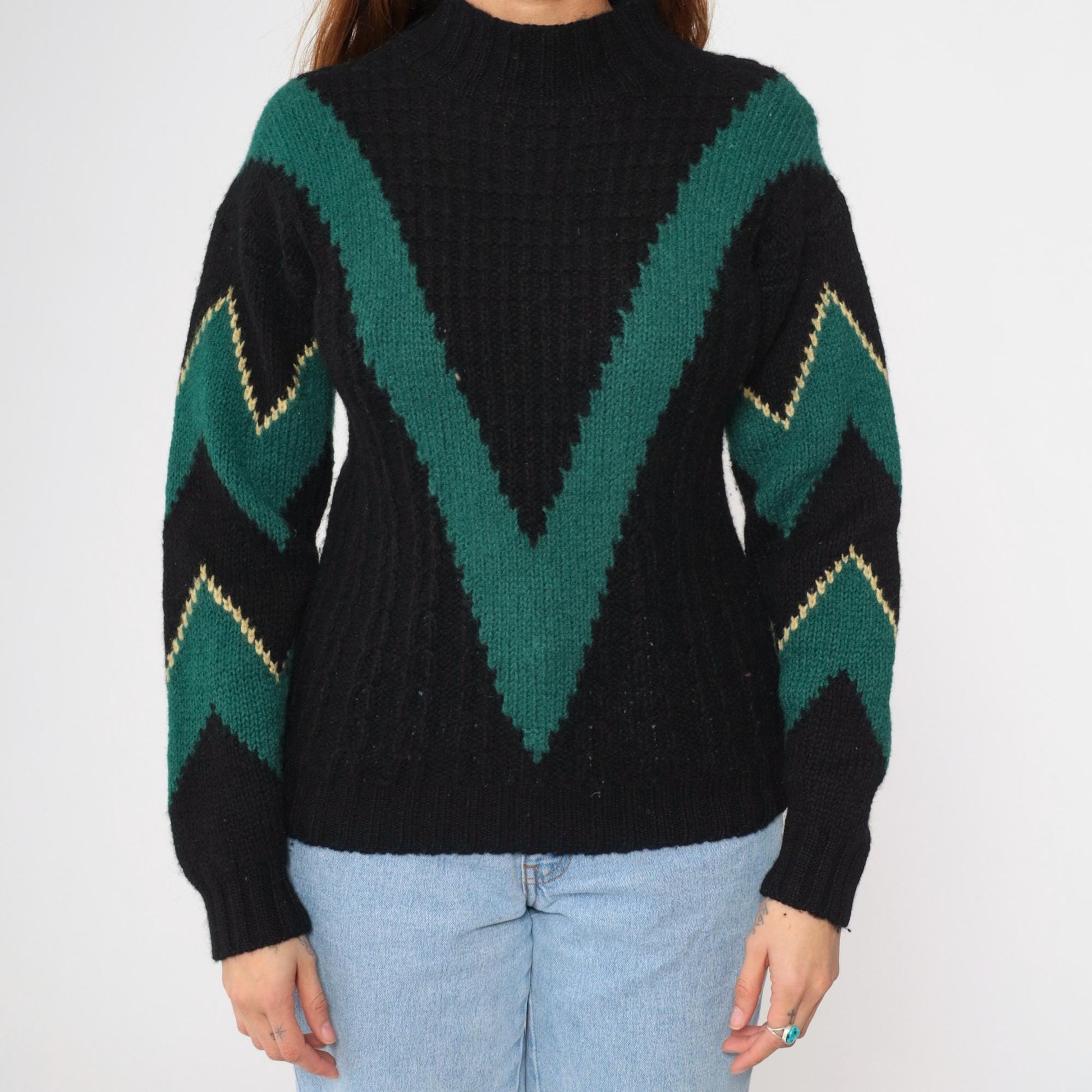 80s Skyr Sportswear Wool Sweater Chevron Zigzag Mock Neck Black Extra Small