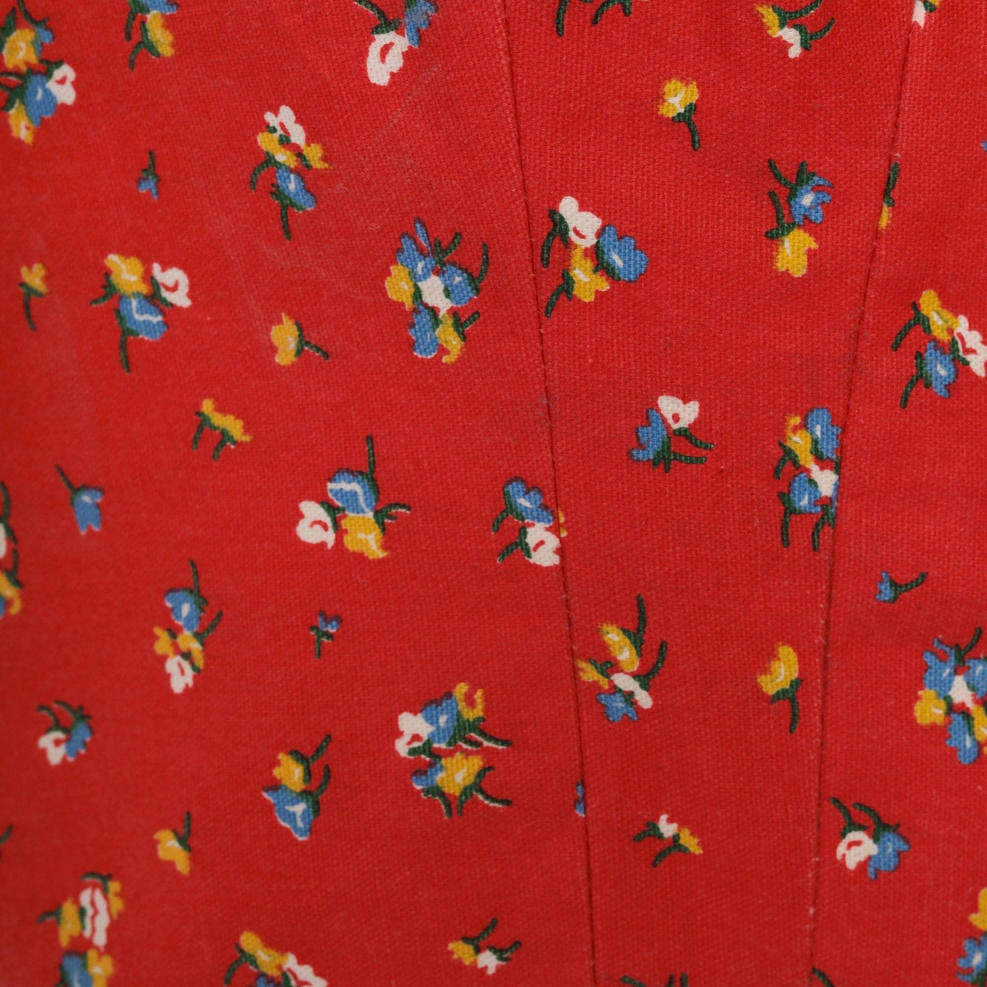 70s Red Calico Floral Dirndl Midi Dress Sleeveless High Waist Zip Medium