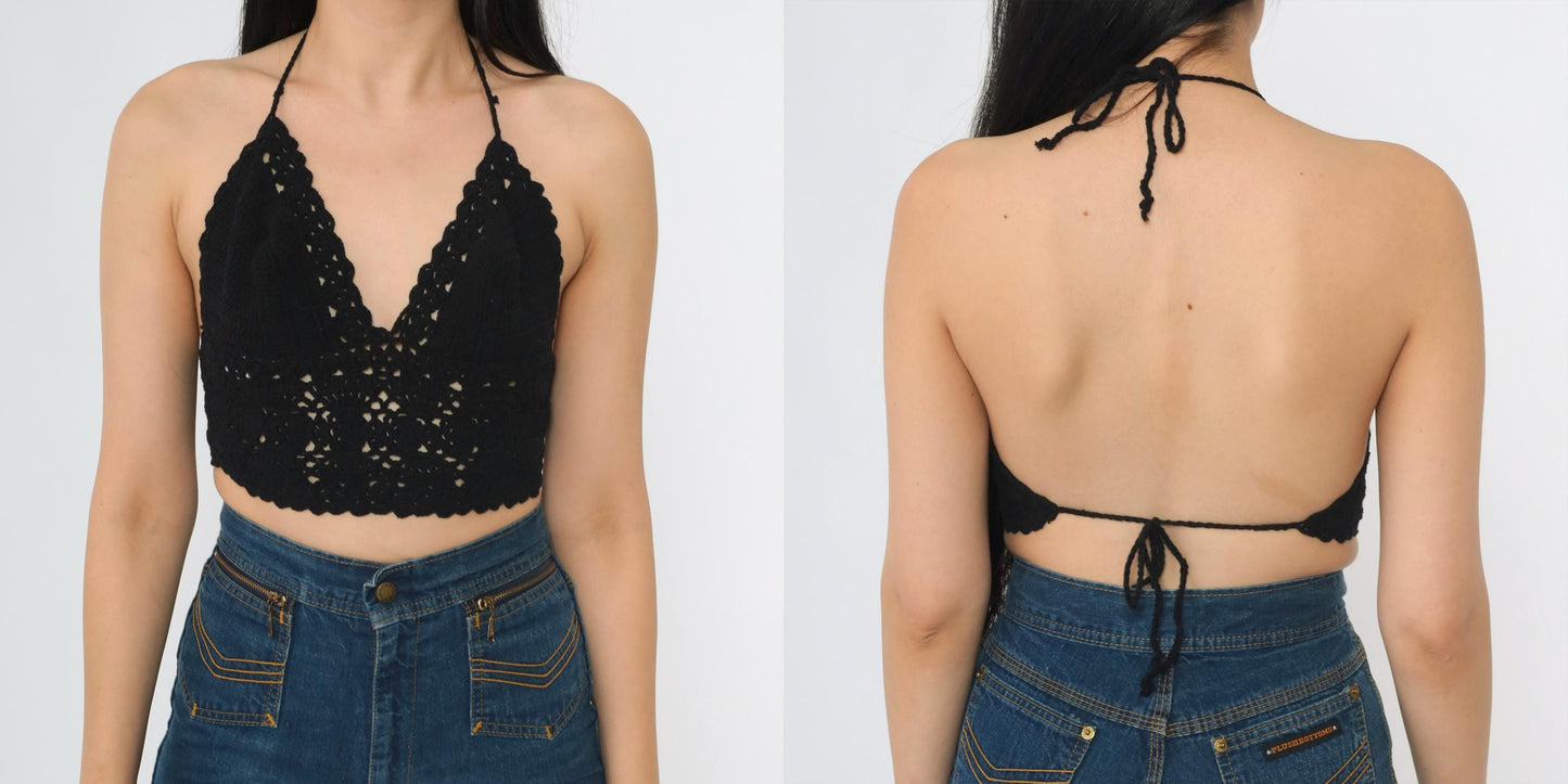 Y2K Black Crochet Halter Crop Top Tie Back V-Neck Knit Small