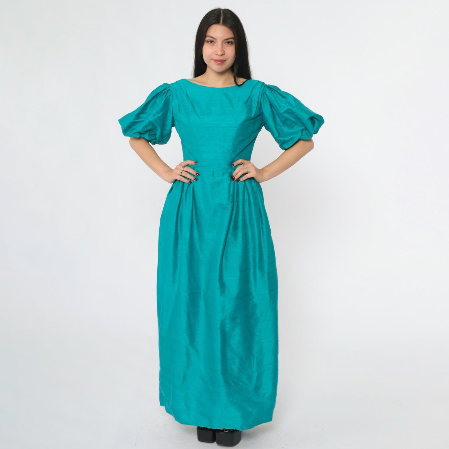 80s House of Bianchi Teal Silk Puff Sleeve Maxi Gown Low Back Extra Small