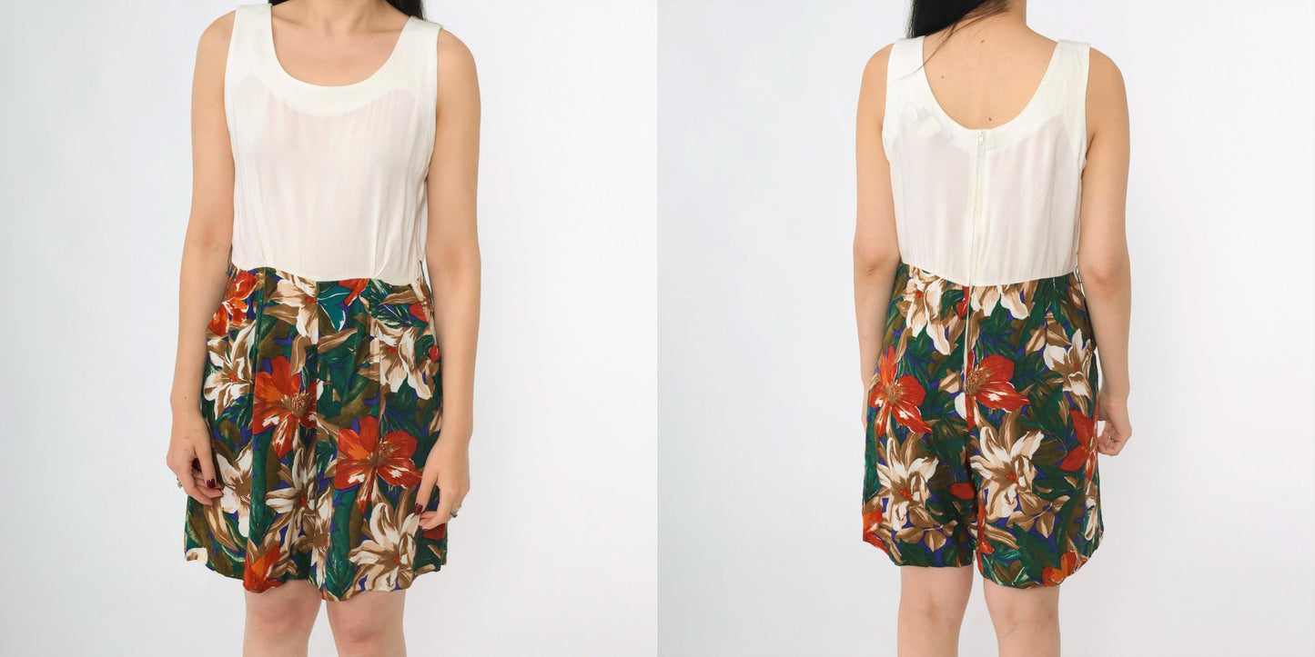 90s Tropical Floral White Romper Pleated Wide Leg Sleeveless Medium