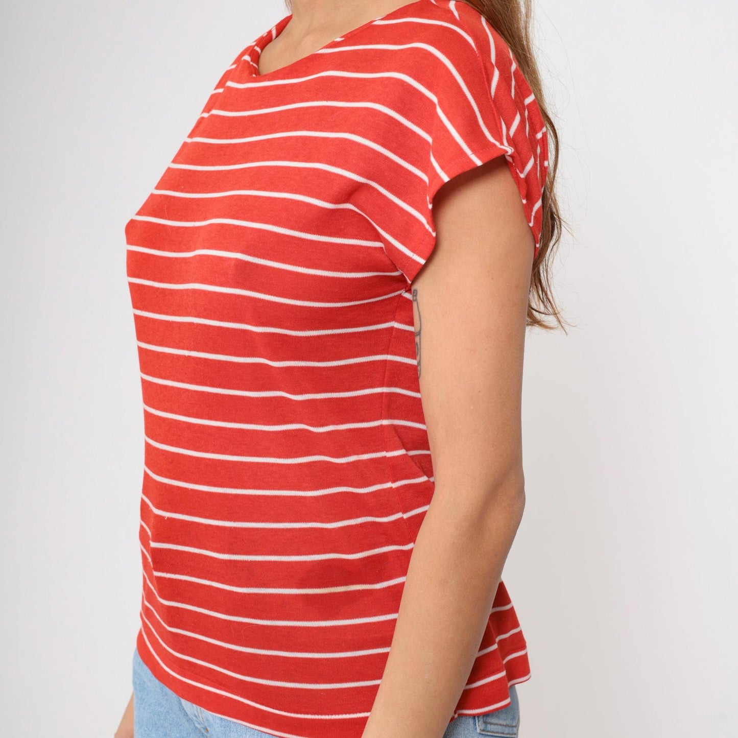 80s Red White Striped Cap Sleeve T-Shirt Gotham Vintage Small