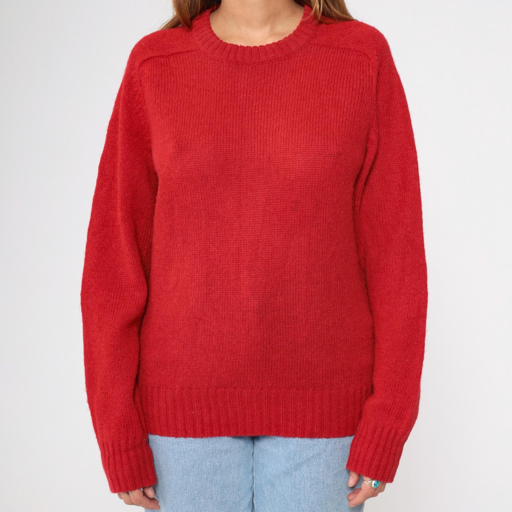 80s Red Wool Crewneck Sweater Plain Knit Pullover Medium M