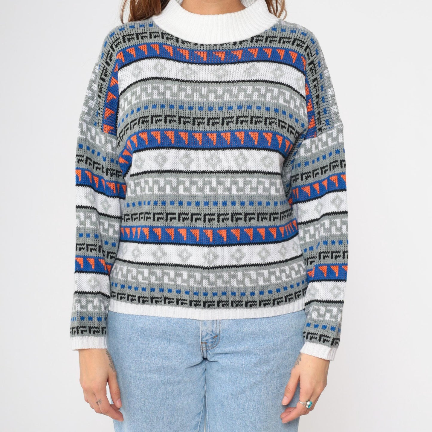 80s Geometric Striped Knit Sweater White Blue Mock Neck Pullover Medium