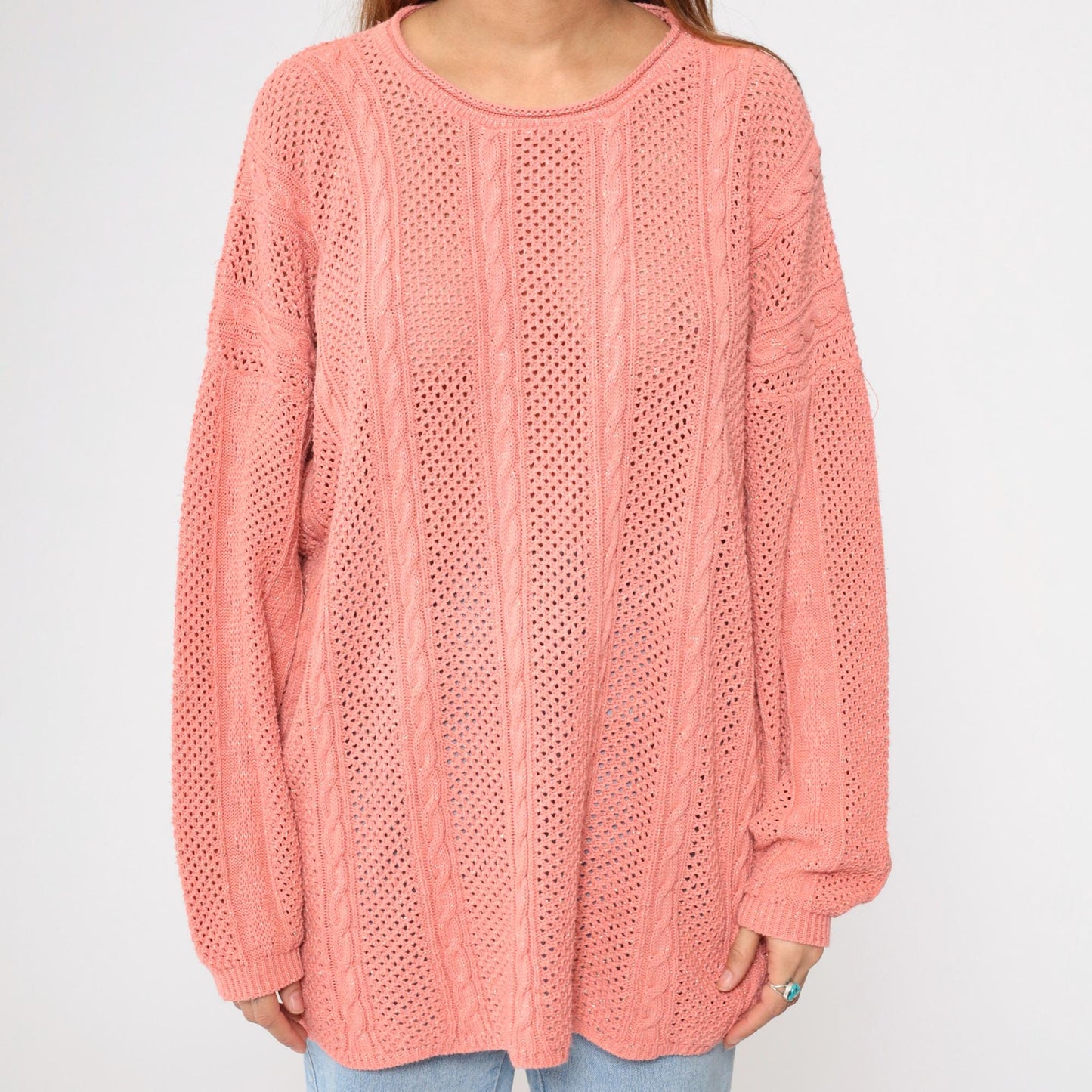 90s Metallic Pink Cable Knit Sweater Openwork Pullover Plus Size XXL
