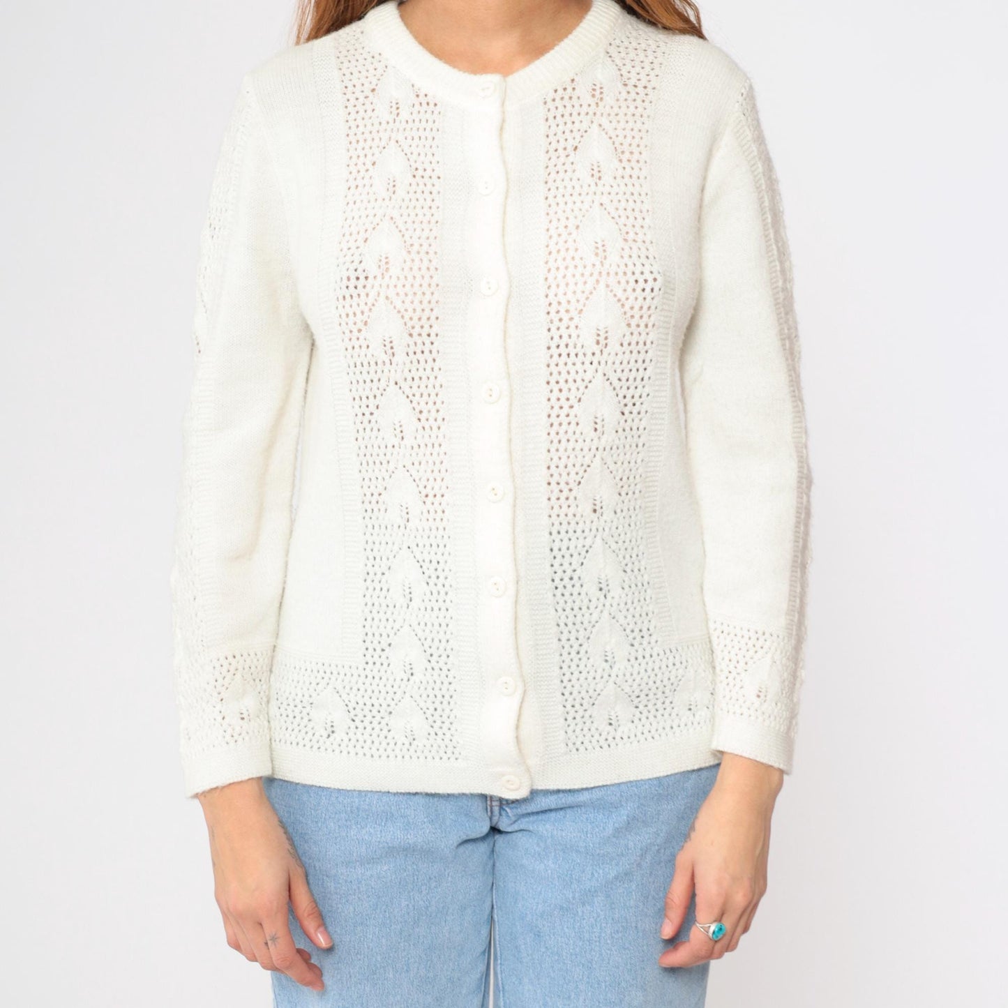 80s White Openwork Cardigan Leaf Motif Button-Up Crew Neck Small
