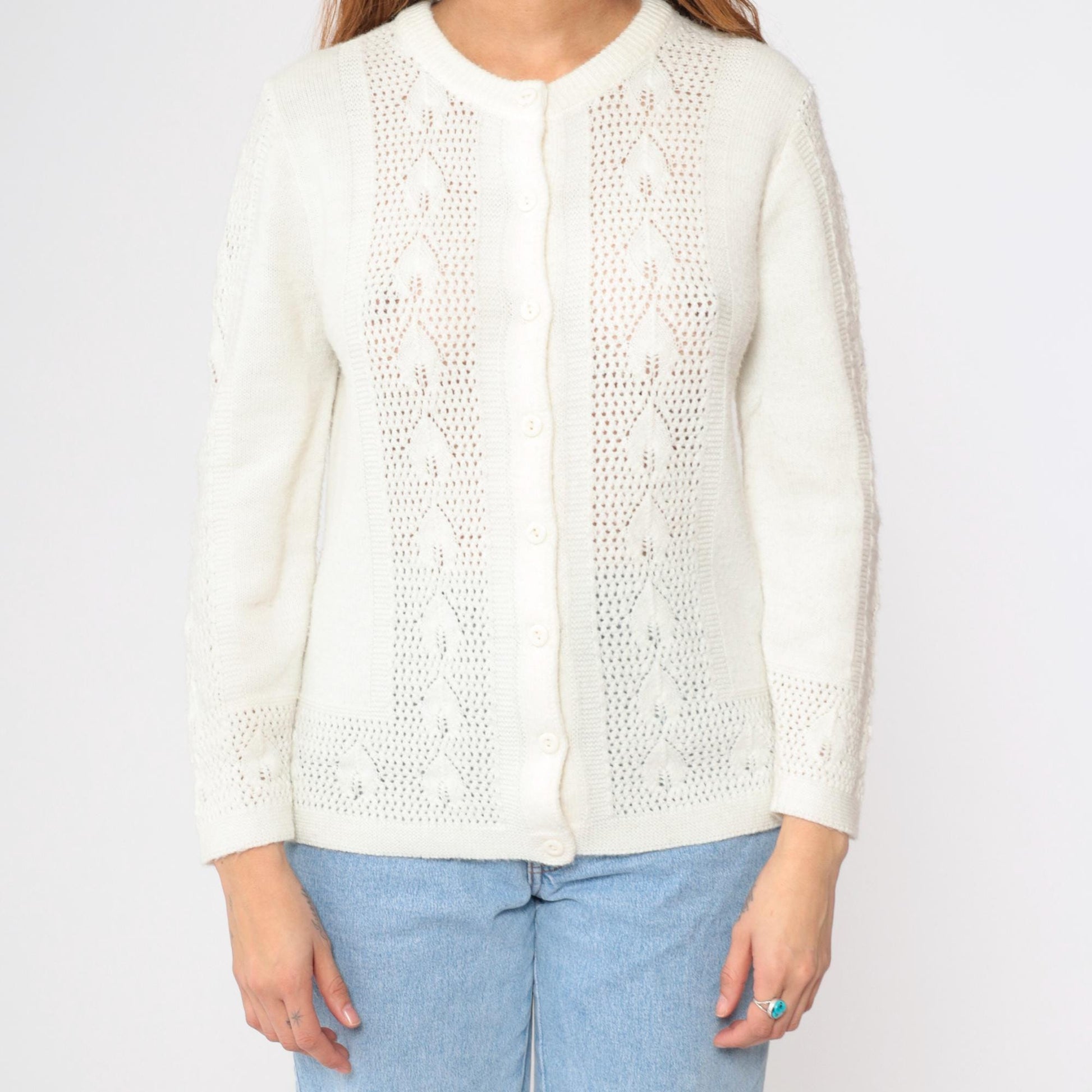 80s White Openwork Cardigan Leaf Motif Button-Up Crew Neck Small