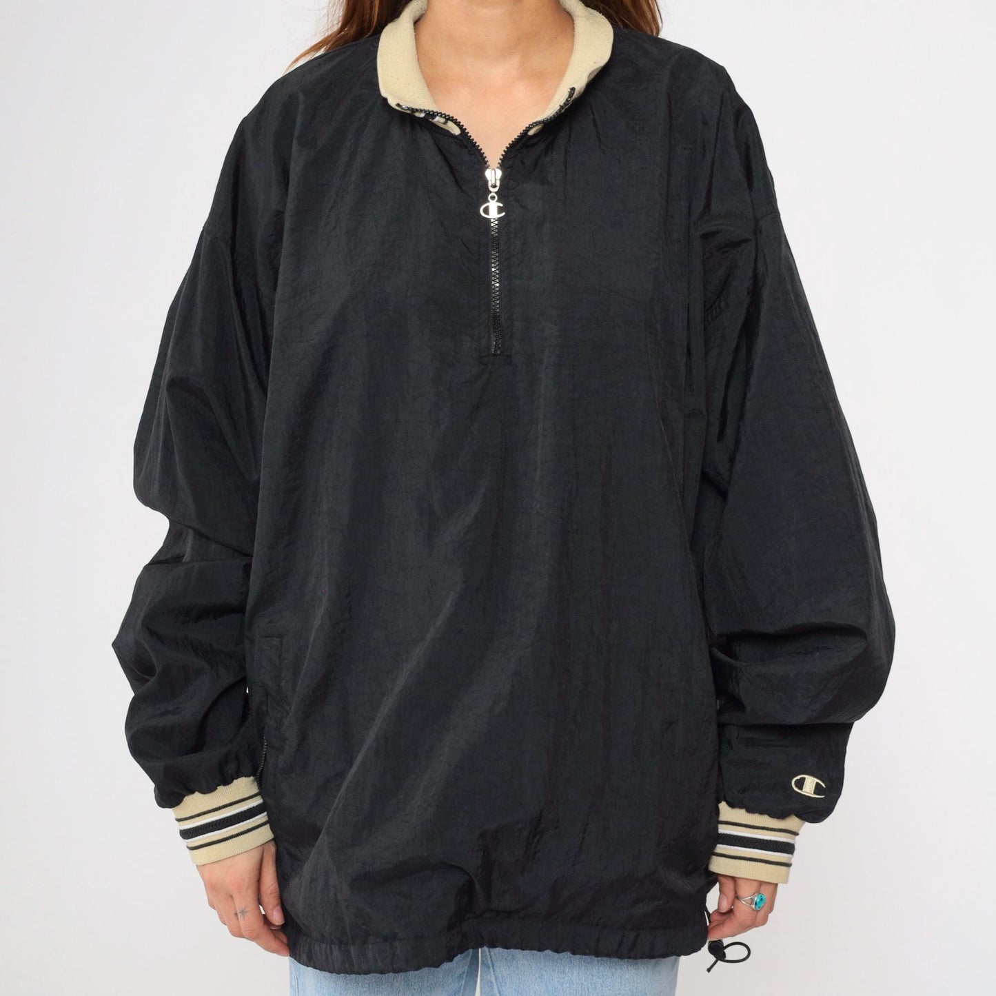 Y2K Champion Windbreaker Jacket Black Nylon Quarter Zip Pullover Extra Extra Large XXL