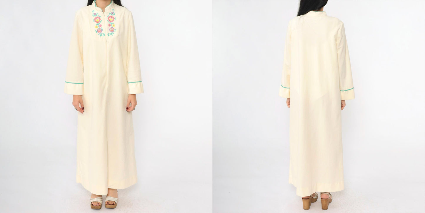 80s Cream Velour Lounge Dress Floral Embroidery Zip Front Ankle Length Small