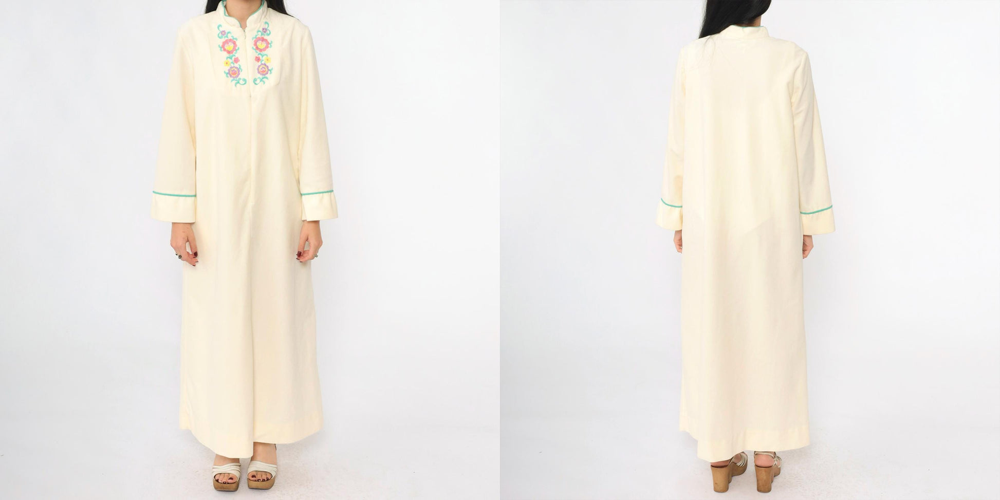 80s Cream Velour Lounge Dress Floral Embroidery Zip Front Ankle Length Small