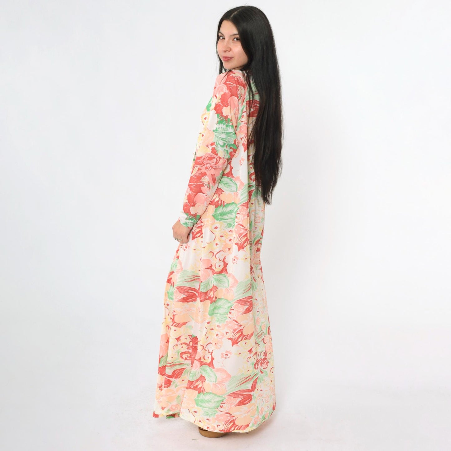 70s Gossard Artemis Floral Maxi Nightgown Long Sleeve Button Front Small S