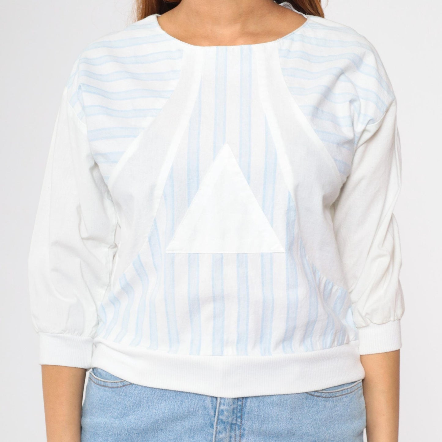 80s Striped T-Shirt Baby Blue White Triangle Graphic Half Sleeve Small
