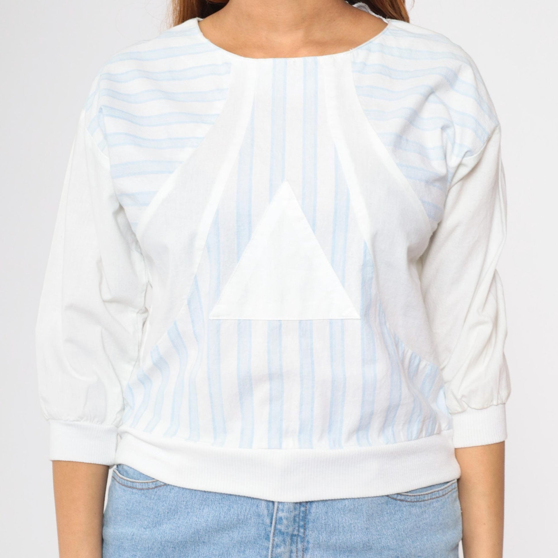 80s Striped T-Shirt Baby Blue White Triangle Graphic Half Sleeve Small