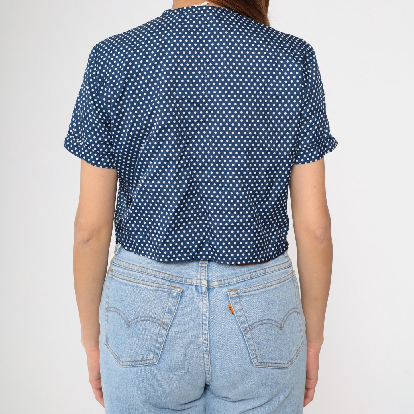 70s Blue Polka Dot Button Up Blouse Cropped Short Sleeve Pearl Buttons Medium