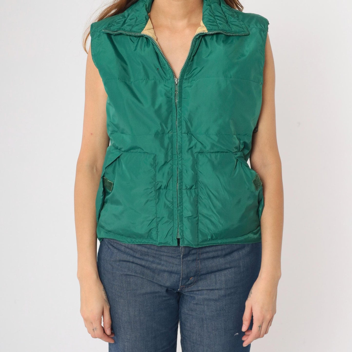 80s Green Puffer Vest Zip-Up Sleeveless Jacket Small S