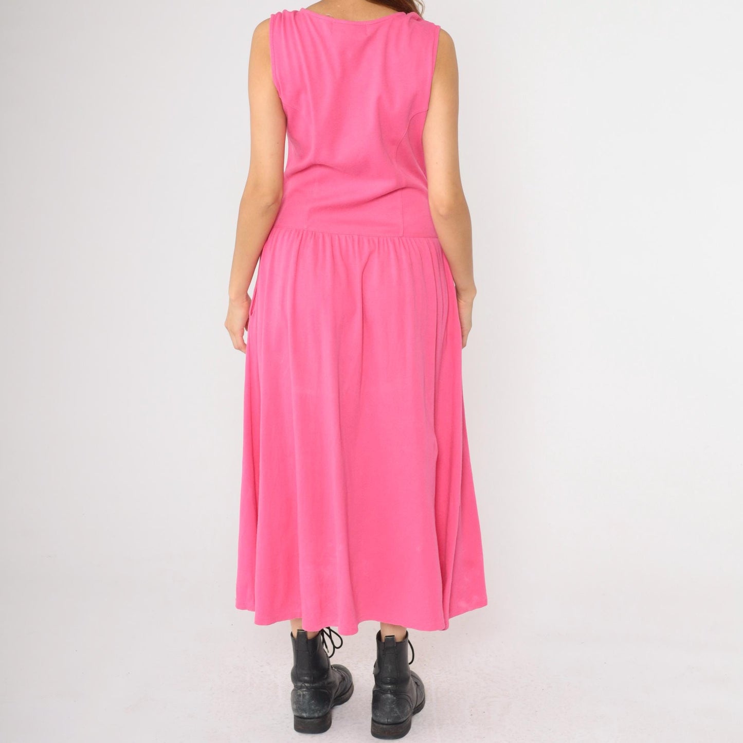90s Pink Cotton Knit Button-Up Dress Dropped Waist Midi Sleeveless Medium