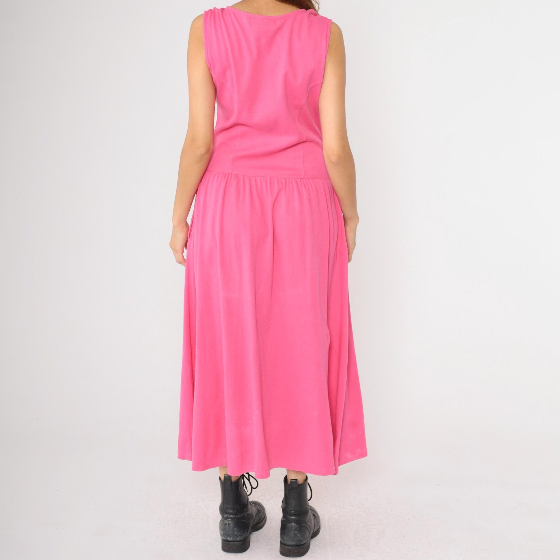 90s Pink Cotton Knit Button-Up Dress Dropped Waist Midi Sleeveless Medium