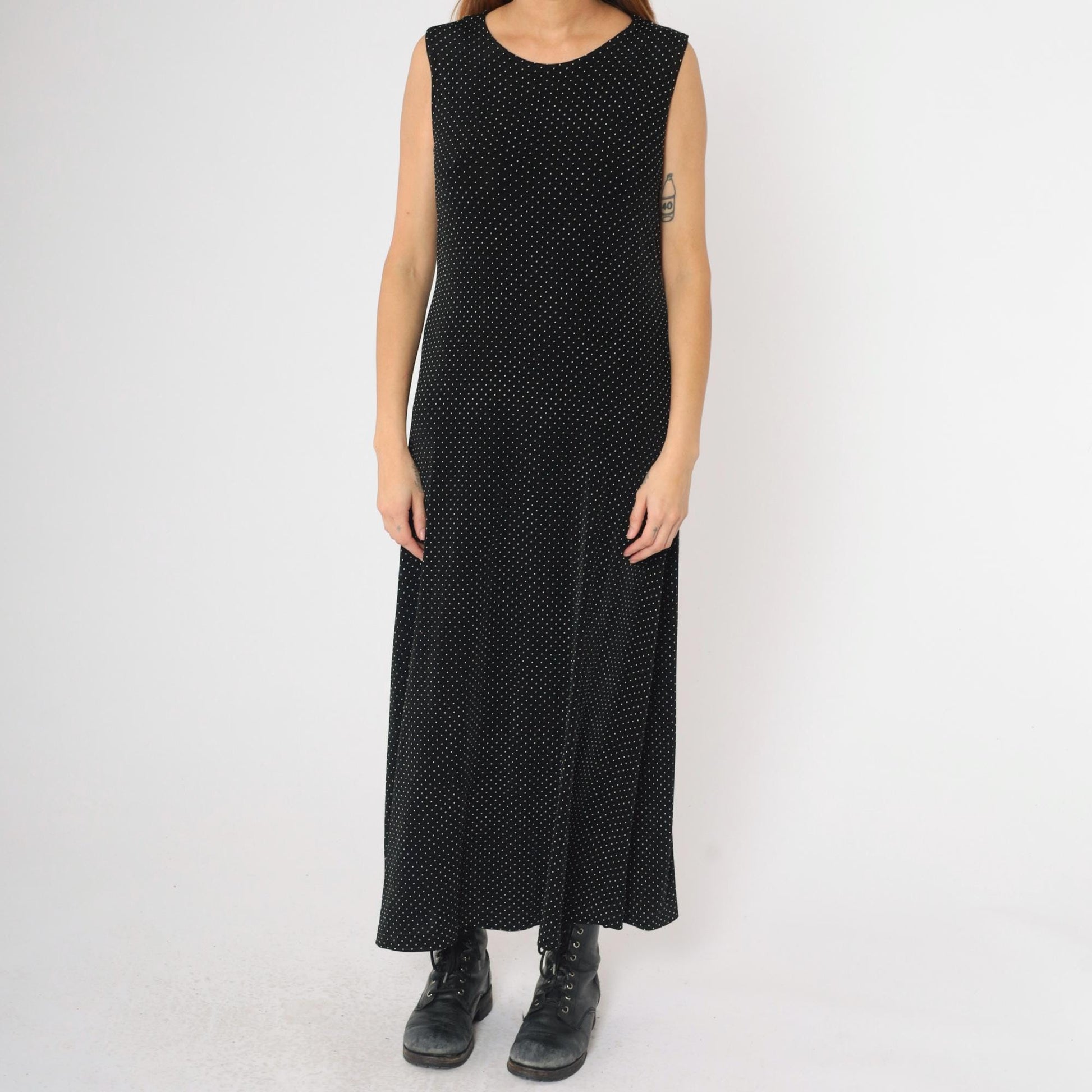 90s Ronni Nicole Black Polka Dot Maxi Dress Sleeveless Round Neck Large 14