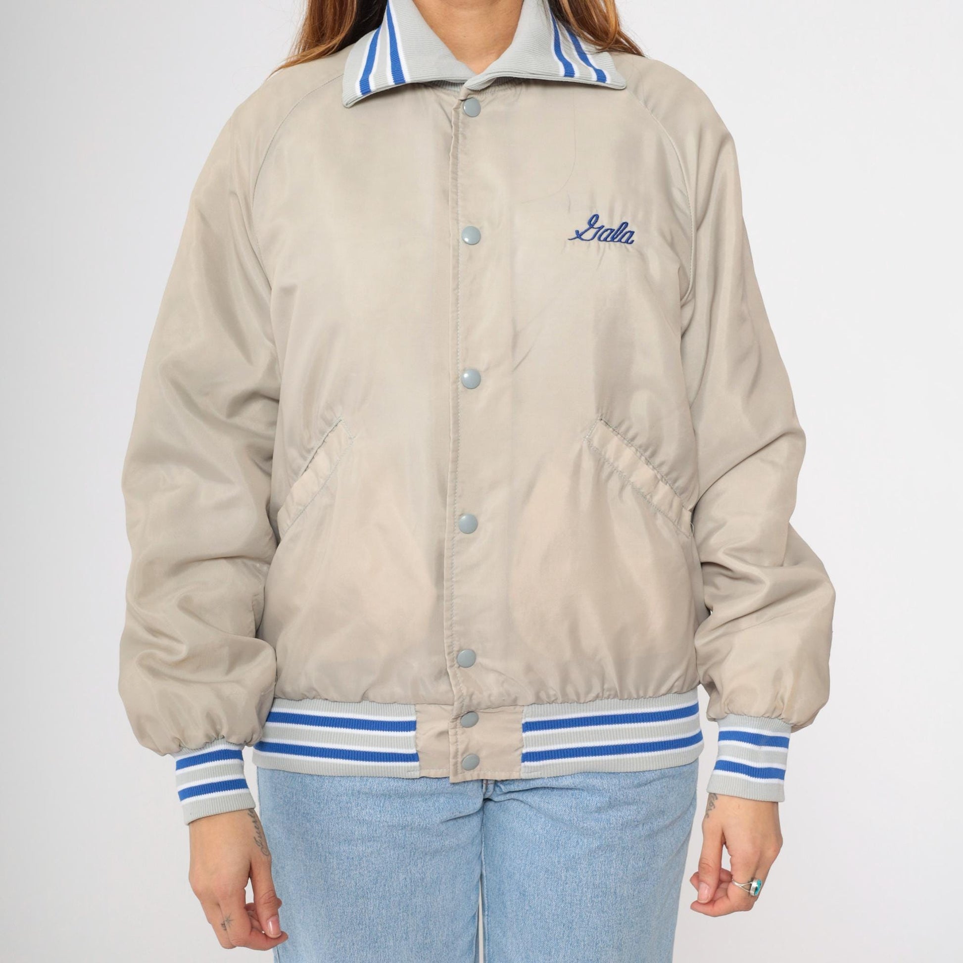 80s Butwin Veterinary Clinic Bomber Jacket Beige Royal Blue Snap Medium
