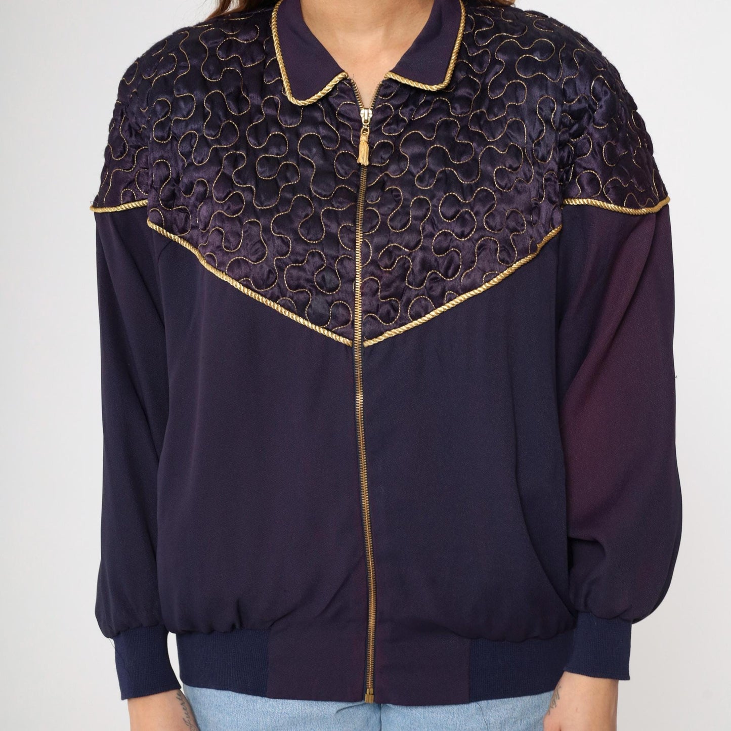 90s Purple Quilted Windbreaker Jacket Gold Trim Western Yoke Bomber Large L