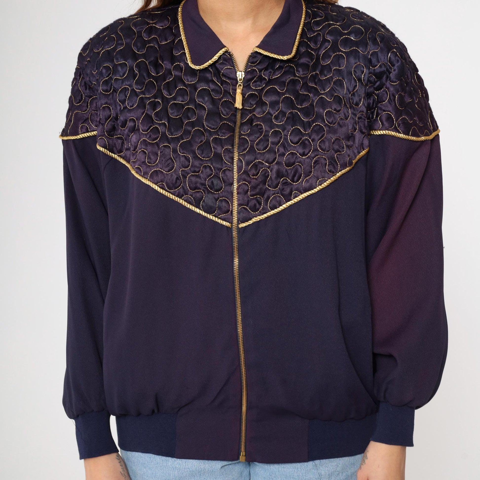 90s Purple Quilted Windbreaker Jacket Gold Trim Western Yoke Bomber Large L