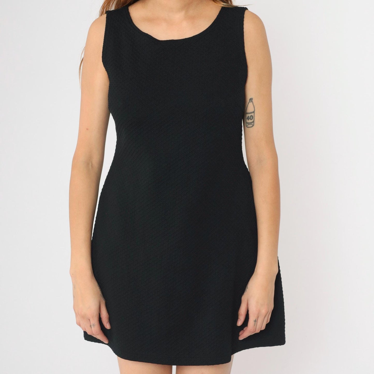 90s Black Honeycomb Textured A-Line Mini Dress Sleeveless Scoop Neck Small Medium