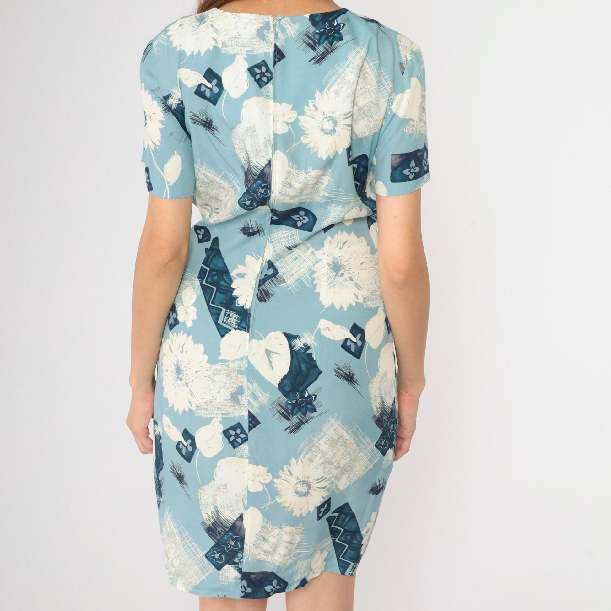 90s Karin Stevens Floral Mini Dress Blue Wrap Tie Rayon Short Sleeve Medium