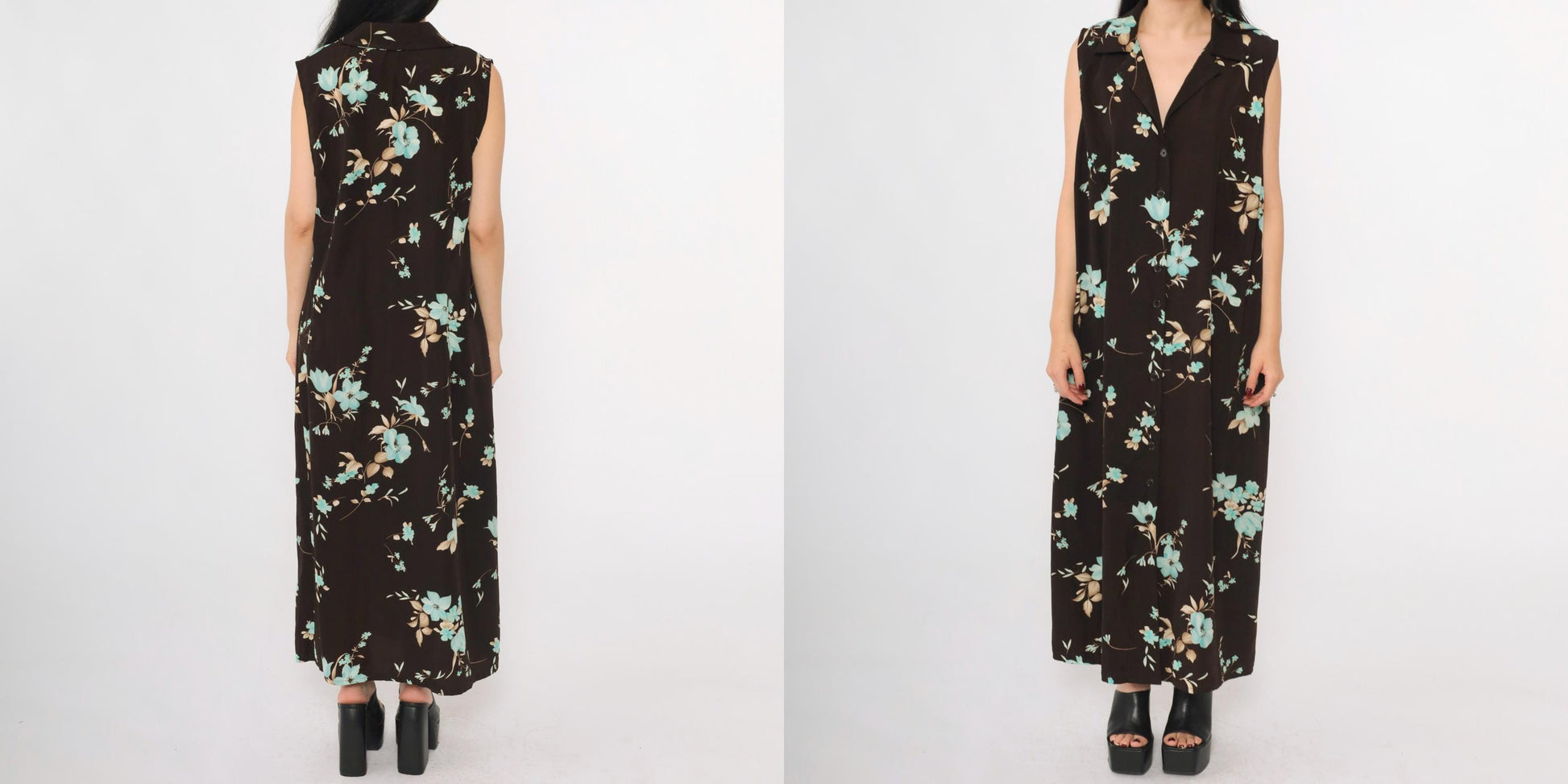 90s Studio I Brown Floral Maxi Dress Plus Size 18W Sleeveless Collared V-Neck