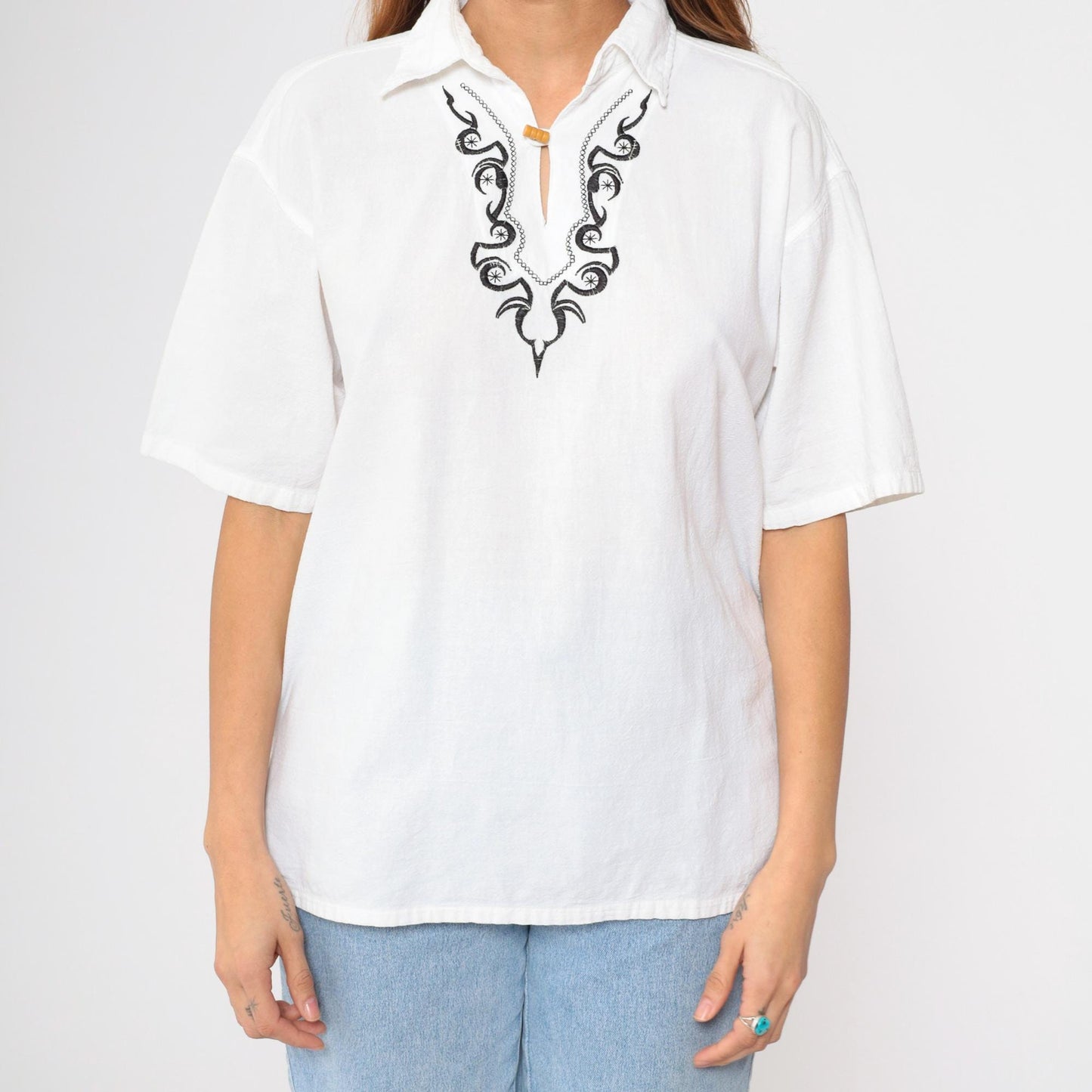 Y2K White Embroidered Tunic Split Neck Blouse Black Stitching Extra Large