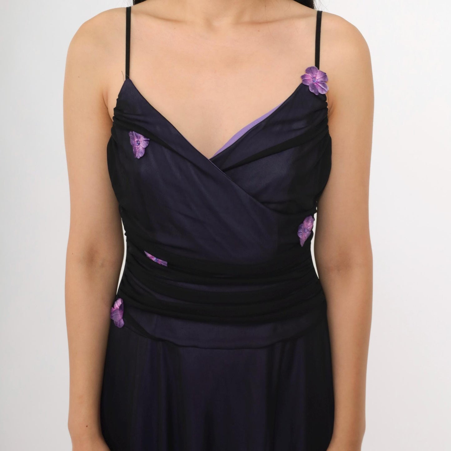 Y2K Purple Mesh Midi Dress Black Floral Applique Spaghetti Strap V Neck Medium