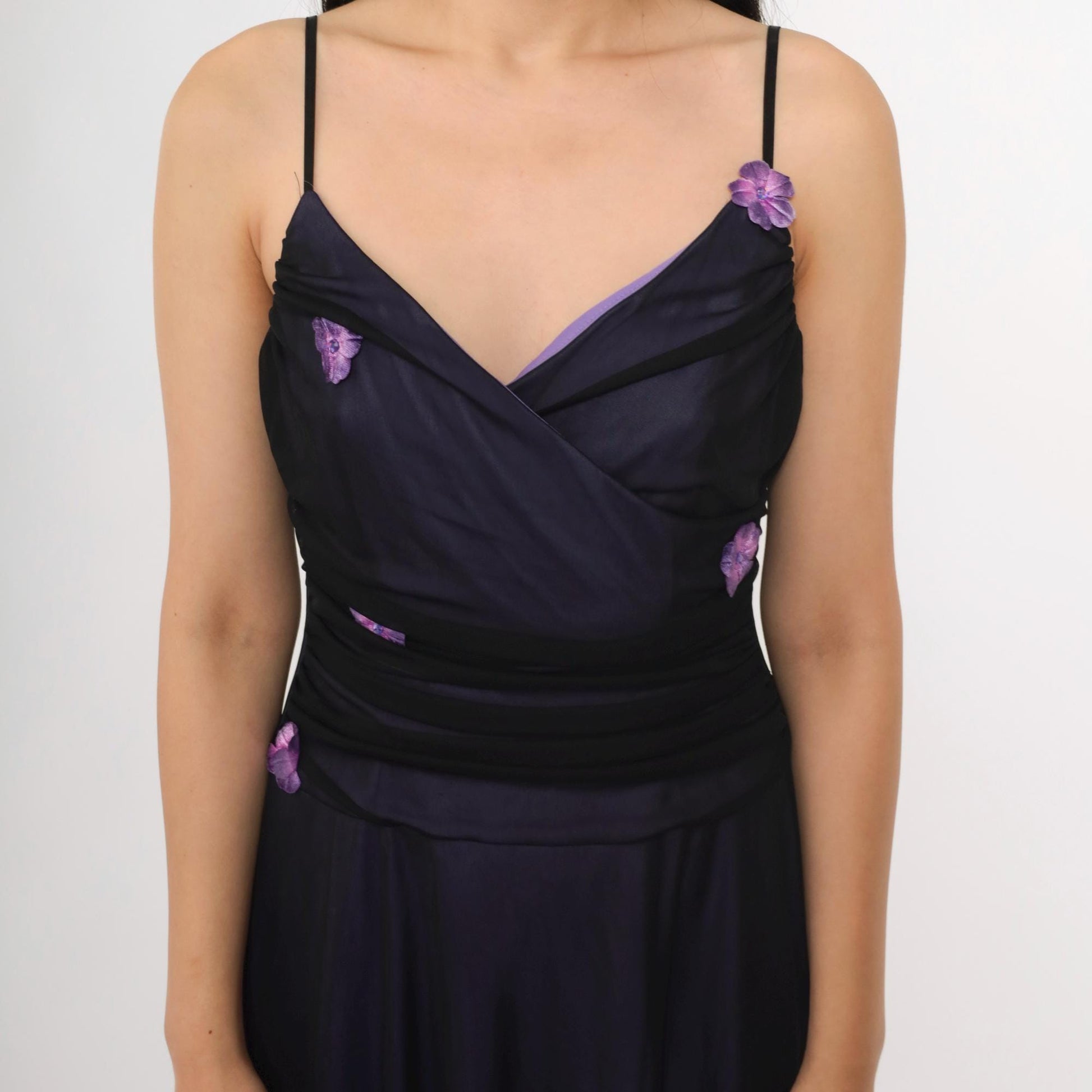 Y2K Purple Mesh Midi Dress Black Floral Applique Spaghetti Strap V Neck Medium