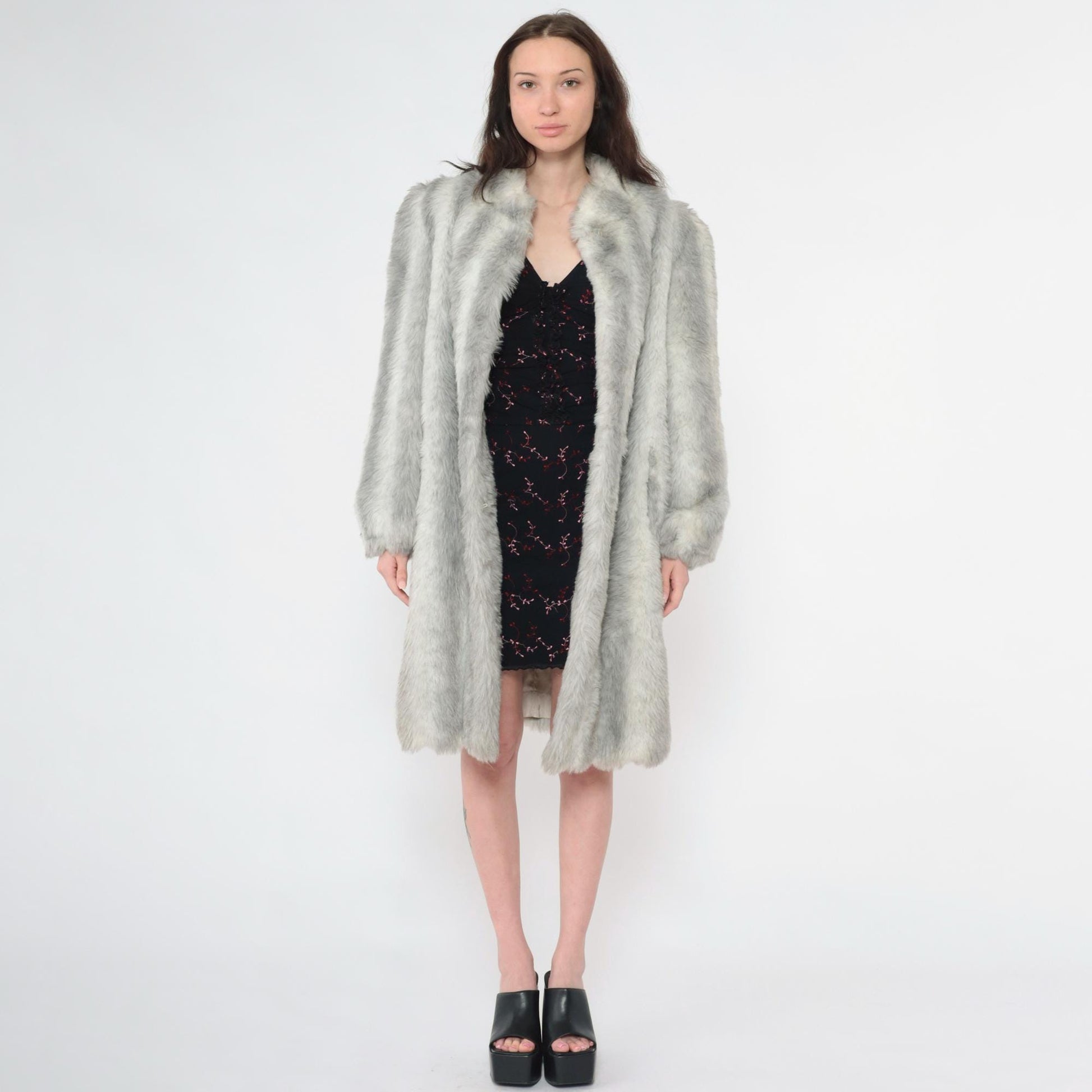 90s Grey Faux Fur Coat Hook Closure Winter Jacket Medium