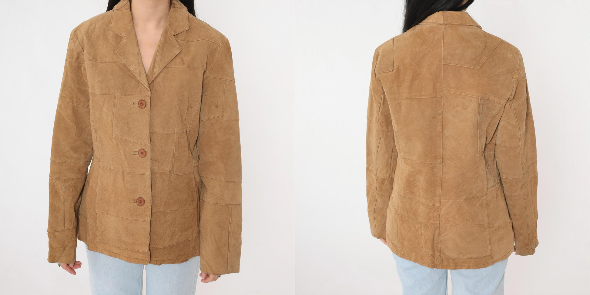 Y2K Tan Suede Leather Jacket Button Front Blazer Medium M