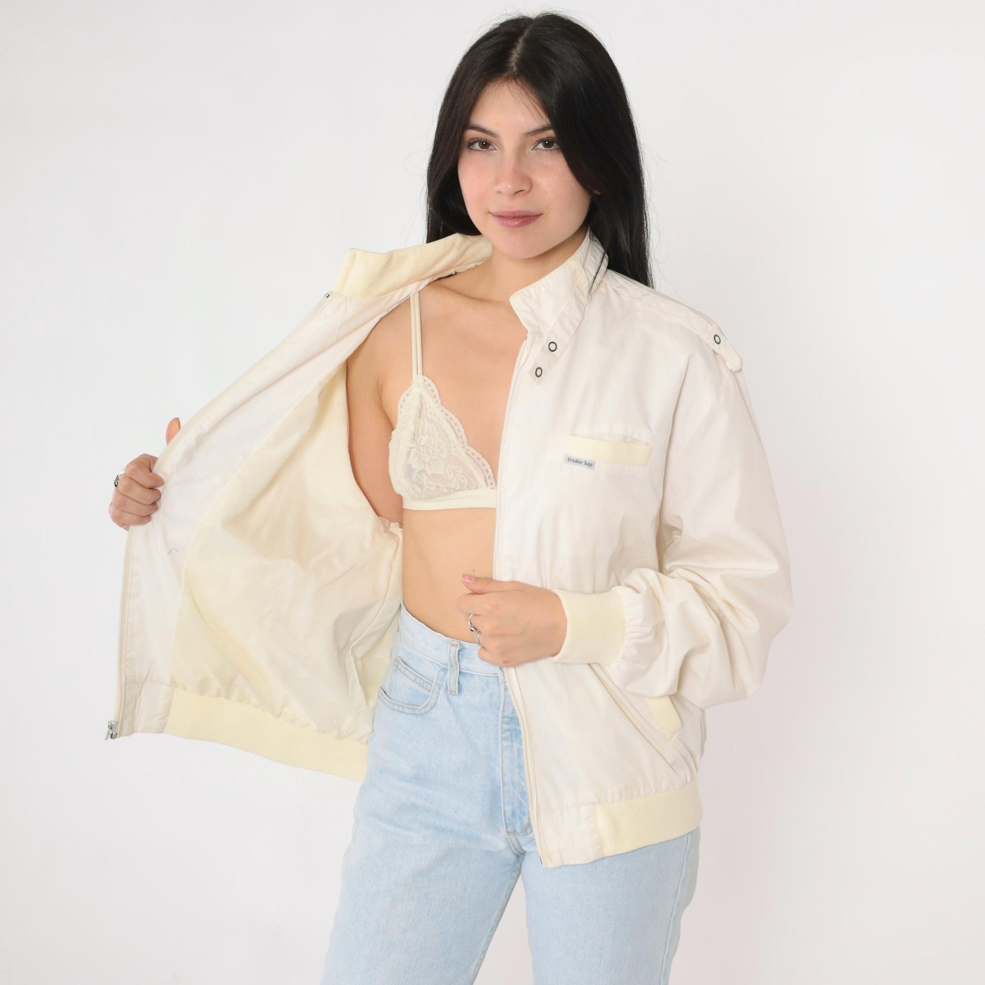 80s Cafe Racer Jacket Ivory Bomber Windbreaker Yellow Trim Epaulette Large L