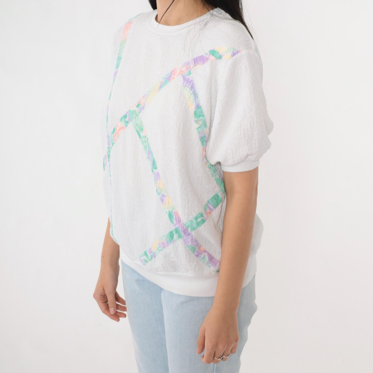 90s White Fruit Print Striped Short Sleeve Shirt Banded Hem Medium